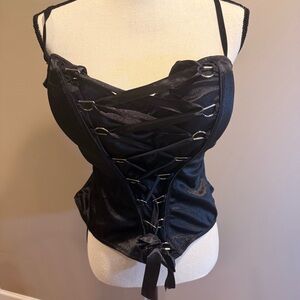 Spirit Corset Top XL Blk Satin Strap Lace Up Shapewear Goth Coquette Grunge